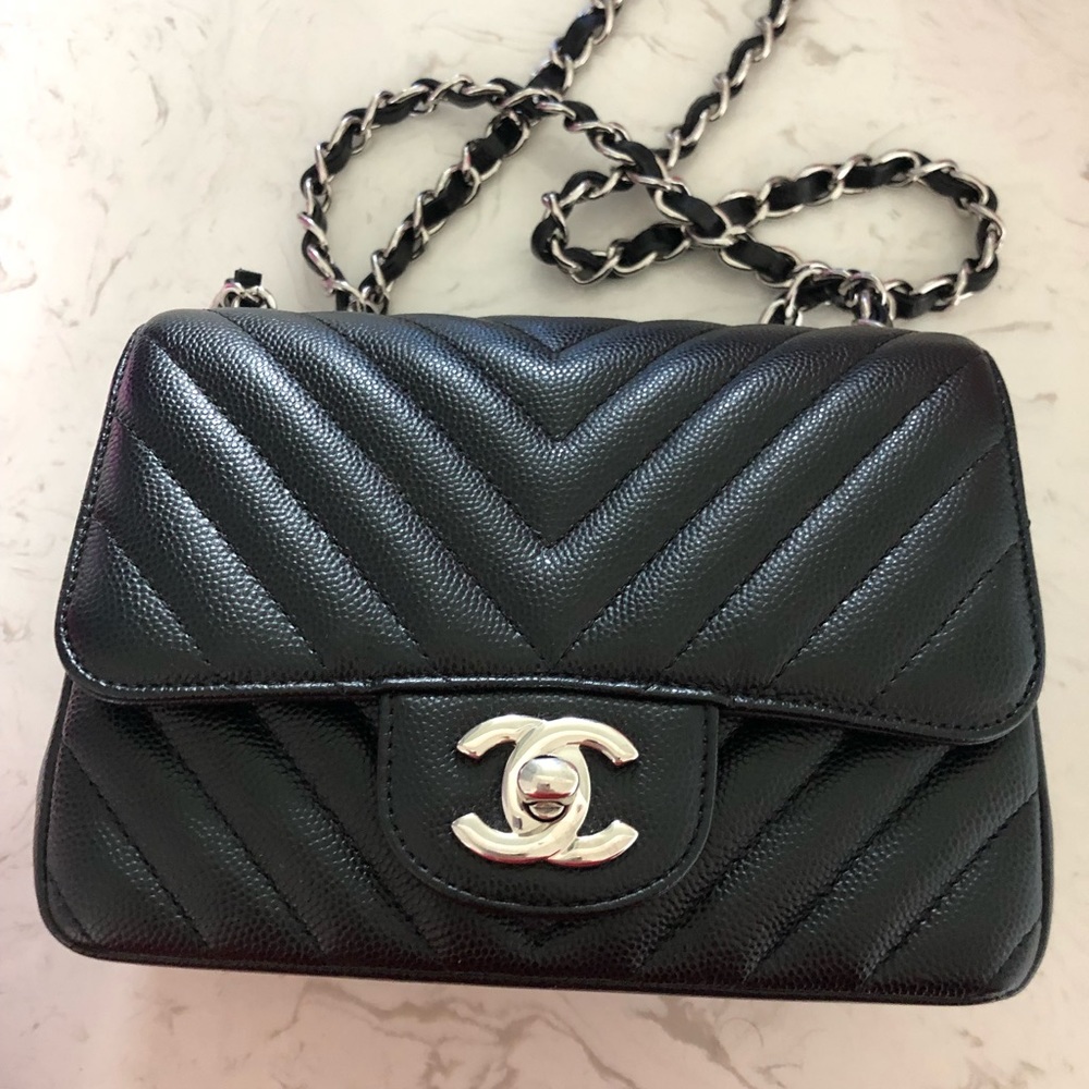Authentic Chanel Black Caviar Chevron Square Mini